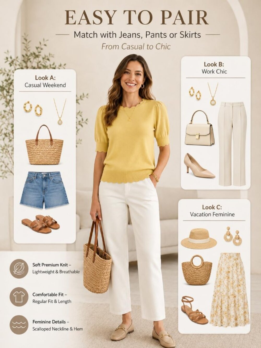 Women's Light Yellow Short Sleeve Crew Neck Pull On Imported Casual Sweater - Picture 6 of 6